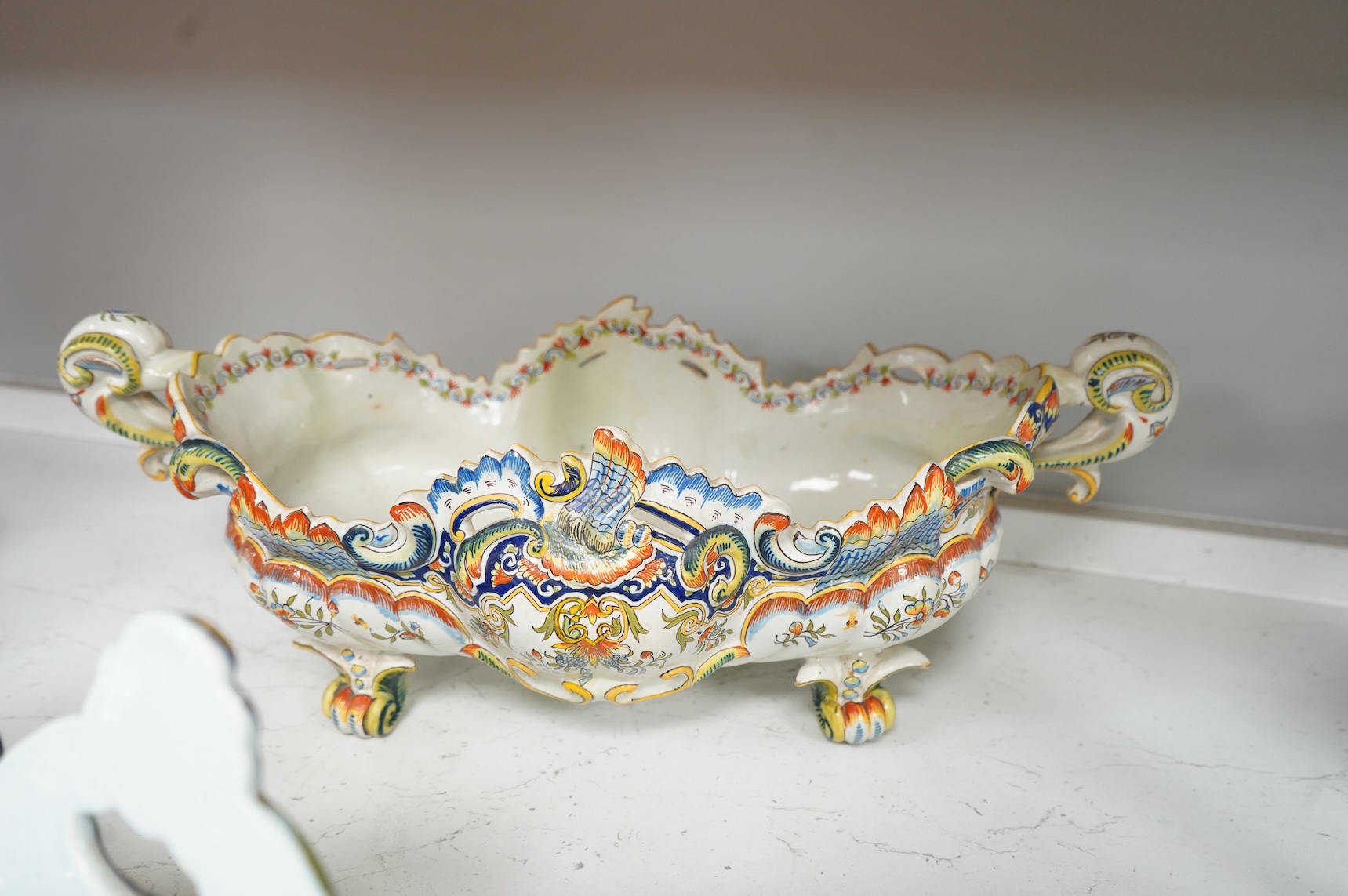 Three French faience planters, one marked Rouen, largest 50cm wide